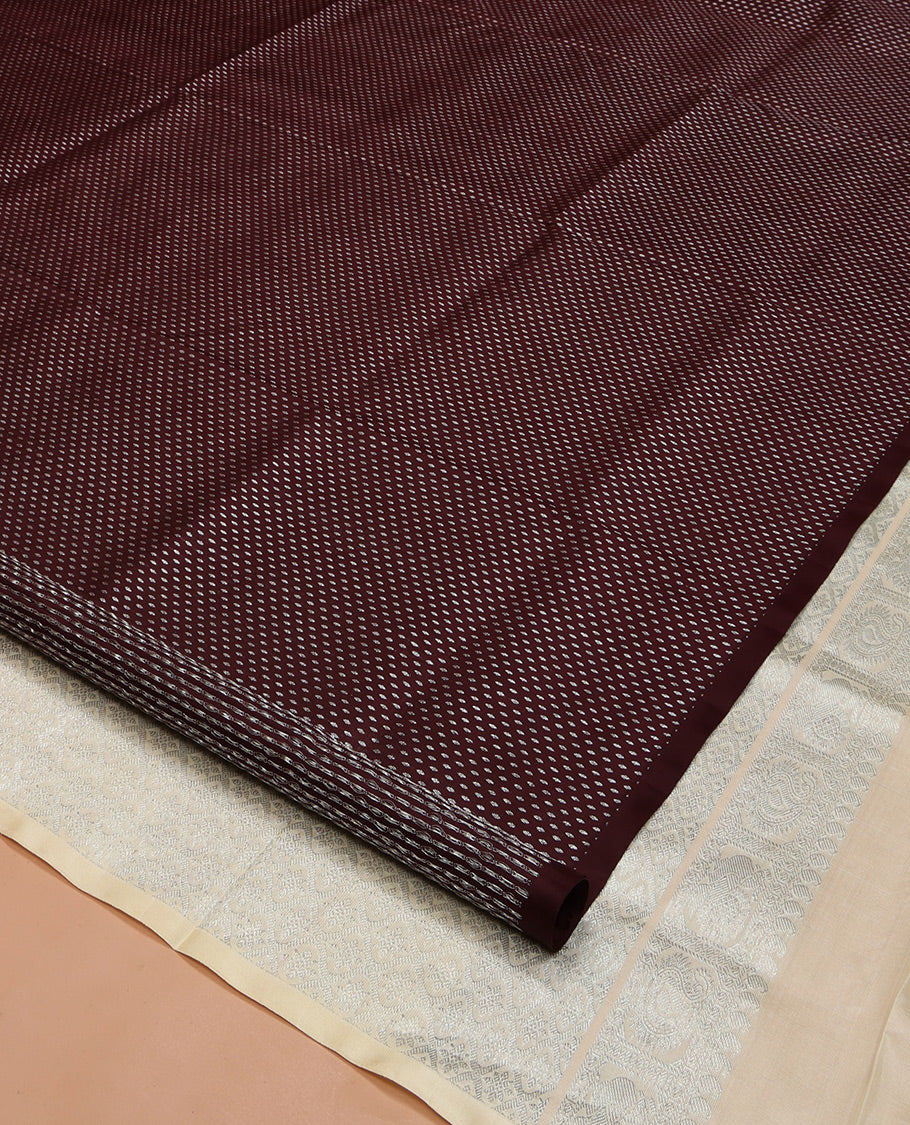 Borderless Brown Venkatagiri Silk Saree, Steeped with Buttas All Over Its Body, Complemented by a Captivating Contrast Pallu of Jaal Designs, and Paired with a Contrast Blouse