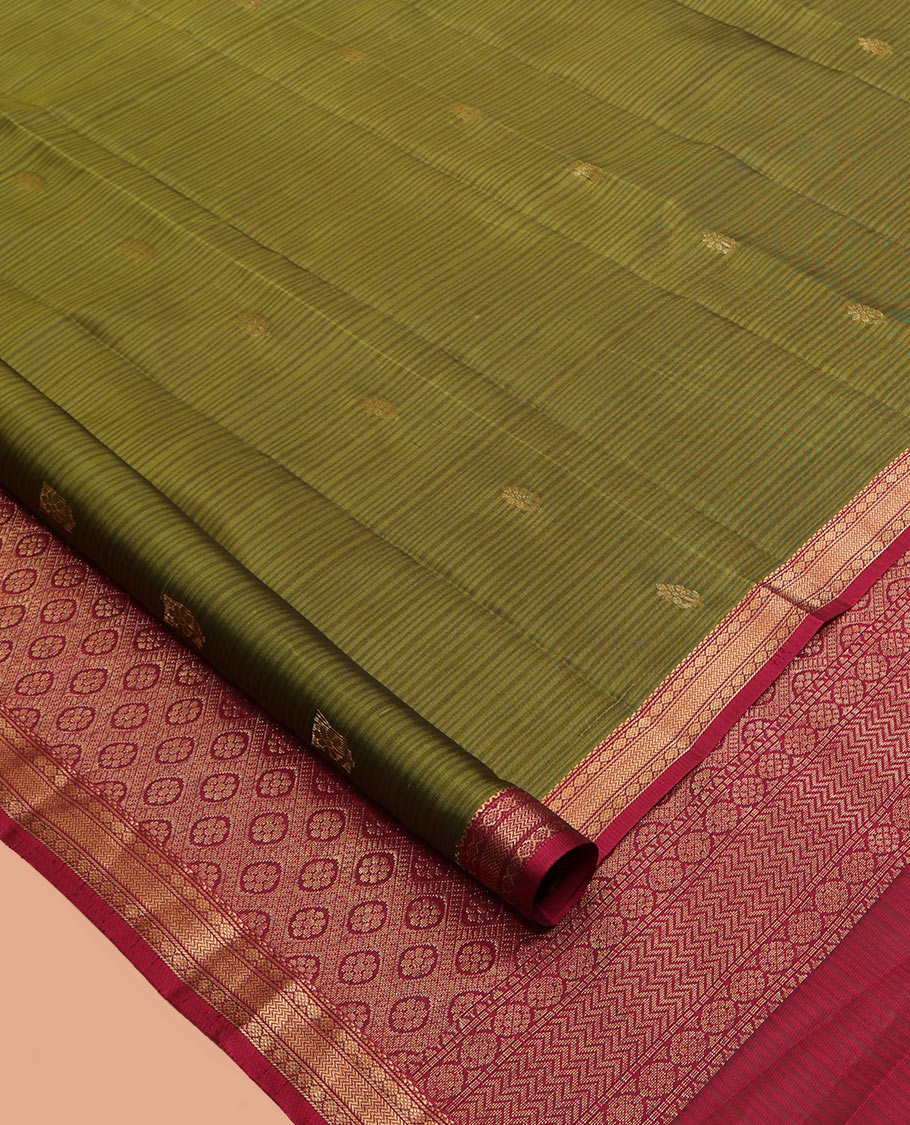Green Zari Buttas Vasundhara Lite Silk Mix Saree, a Contrast Kamalam-Vanki Border, Jaal Pallu, Contrast Blouse
