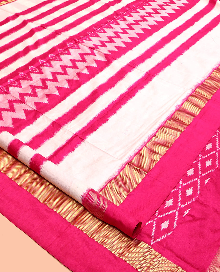 Pink-White Pochampally Ikat Saree, Mesmerized with Geometric Ikat Designs, a Contrast Zari Border, Ikat-Style Jaal Pallu, and a Contrast Blouse