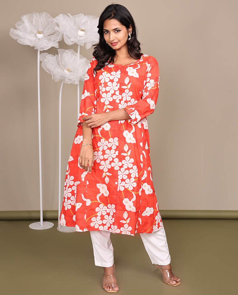 Dark Peach Floral-Printed Below-The-Knee-Length Cotton Kurti, Adorned with a Round Neckline, 3/4 Sleeves, and Straight-Cut Length