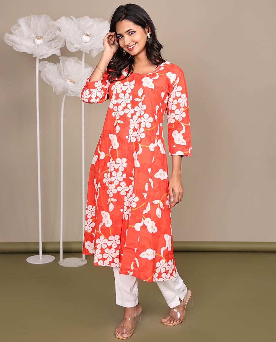 Dark Peach Floral-Printed Below-The-Knee-Length Cotton Kurti, Adorned with a Round Neckline, 3/4 Sleeves, and Straight-Cut Length