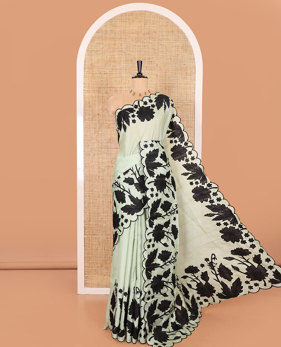 Pista Green Plain Fancy Kota Silk Saree Highlighted with Floral Applique Embroidered Scallop Border, Applique Embroidered Pallu, and a Matching Blouse