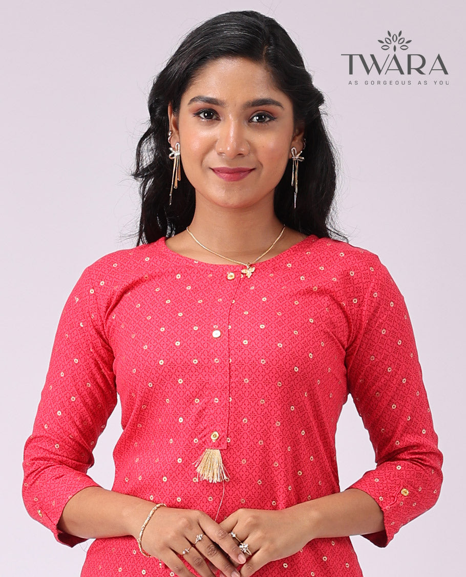 Twara Red round motifs round neck , knee lenght , 3/4 th sleeve kurti