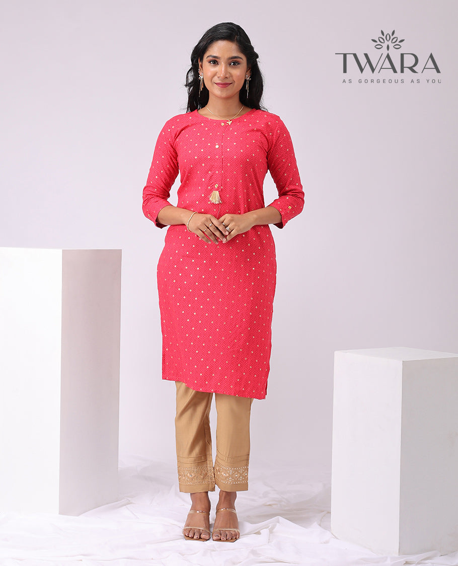 Twara Red round motifs round neck , knee lenght , 3/4 th sleeve kurti