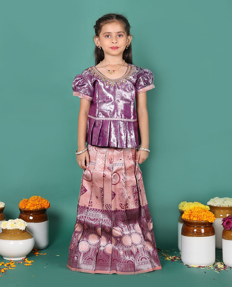 Peach readymade art silk pavadai set, jacquard with contrast traditional zari border skirt and contrast jacquard embroidered puff-sleeve blouse