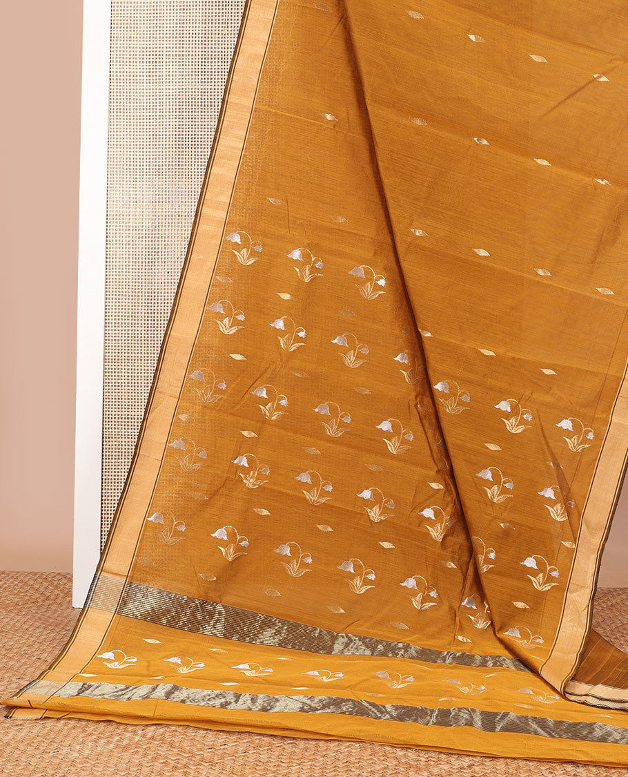 Brown floral design chanderi cotton saree with contrast zari border & striped, floral design pallu