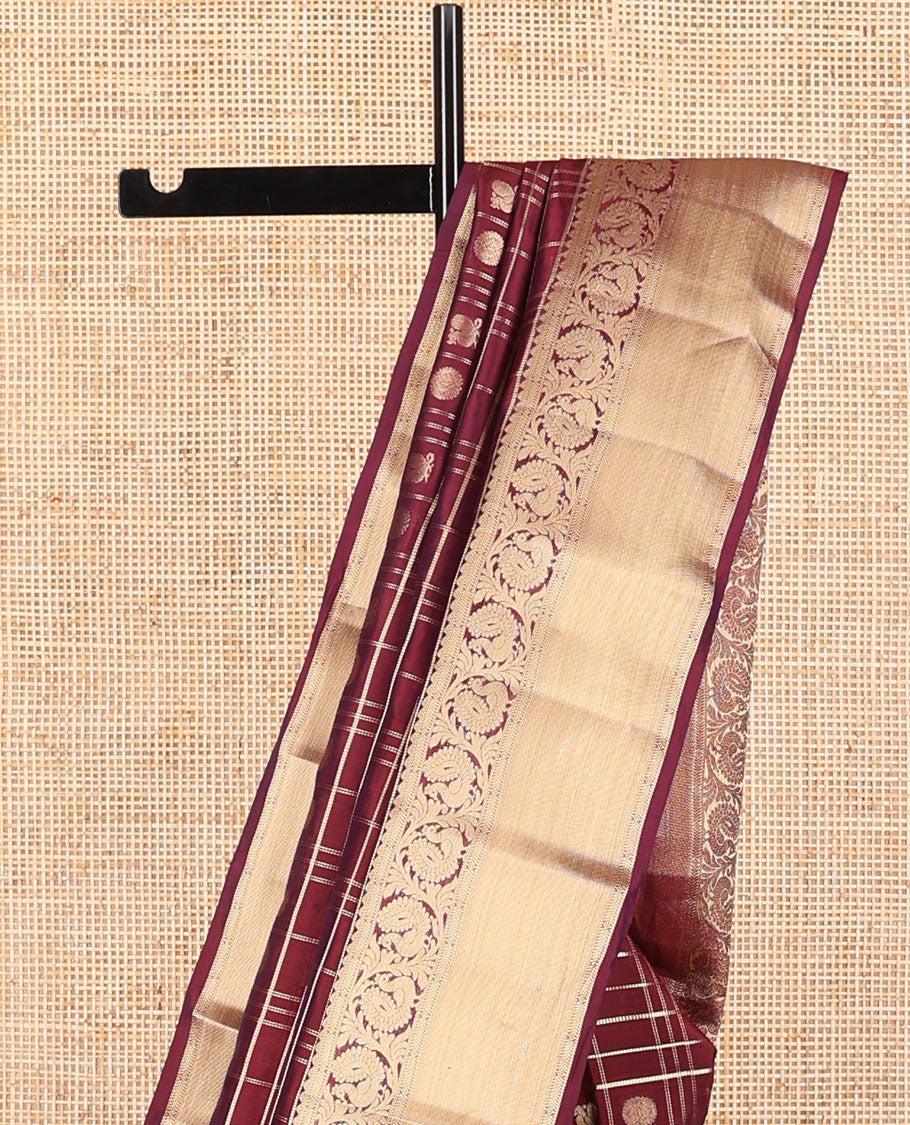 Maroon checked,buttas vasundhara elite silk saree with self intricate zari design border & jaal design pallu