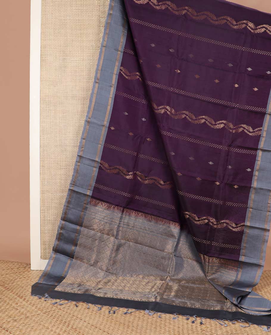 Purple zari buttas silk mix saree, contrast rettai pettu zari striped border & pallu of jaal designs