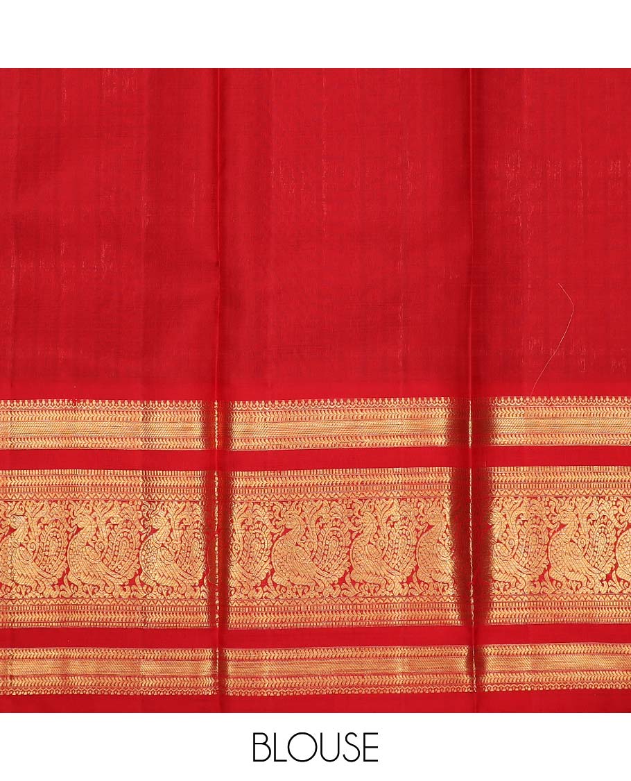 Green puresilk halfsaree, zari buttas skirt, contrast rettai pettu border, blouse of thilakam mokku, kathir, muthu, and mayil design, and zari woven pallu