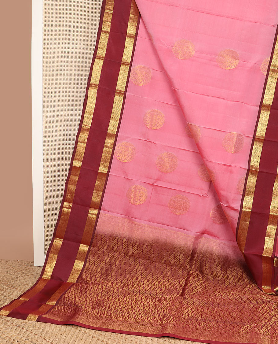 Pink round zari buttas vasundhara silk mix saree, contrast intricate pallu & rettai pettu border of rekku,muthu & chakram