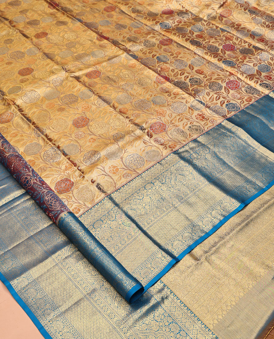 Gold Meenakari Jacquard Kanchipuram Tissue Silk Saree, a Contrast Border of Thilakam, Muthu, Cross Kamalam, and Mayil Kann Design, Grand Pallu, and a Contrast Blouse
