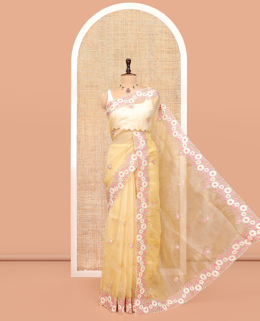 Yellow Organza Saree, Boldly Accentuated with Flower-Color Thread Embroidery, a Scallop Border, and a Matching Blouse