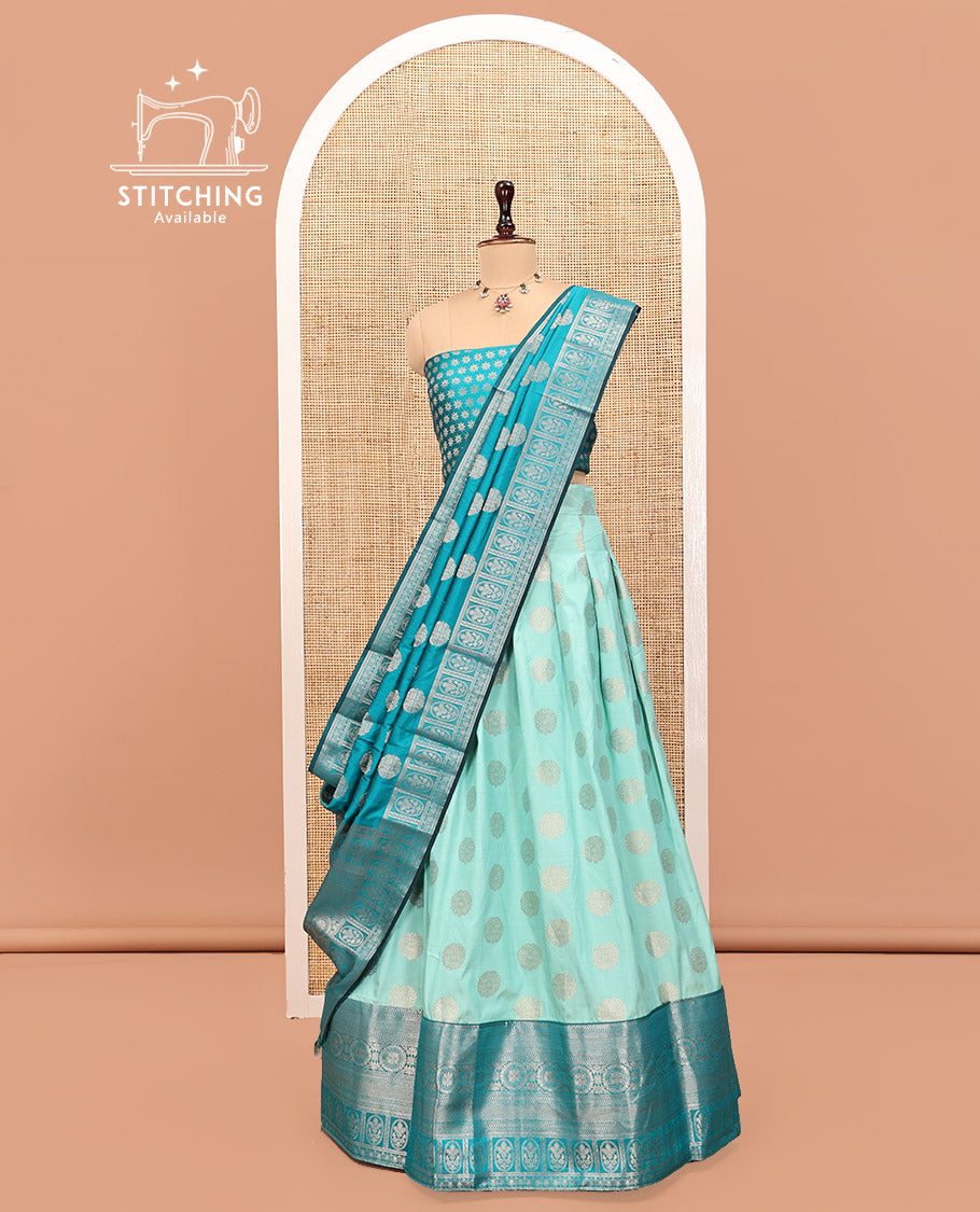 Turquoise Art Silk Half Saree, Detailed with Zari Buttas Skirt, Contrast Traditional Border, Jacquard Blouse, and a Contrast Banaras Dhavani