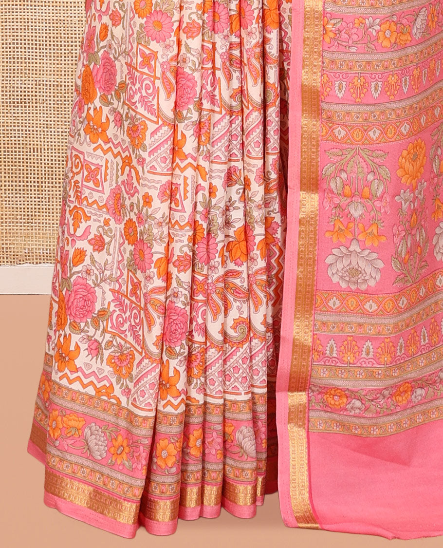 Off-White Intricately Printed Silk Saree, a Contrast Traditional Border, Floral Pallu, a Contrast Blouse