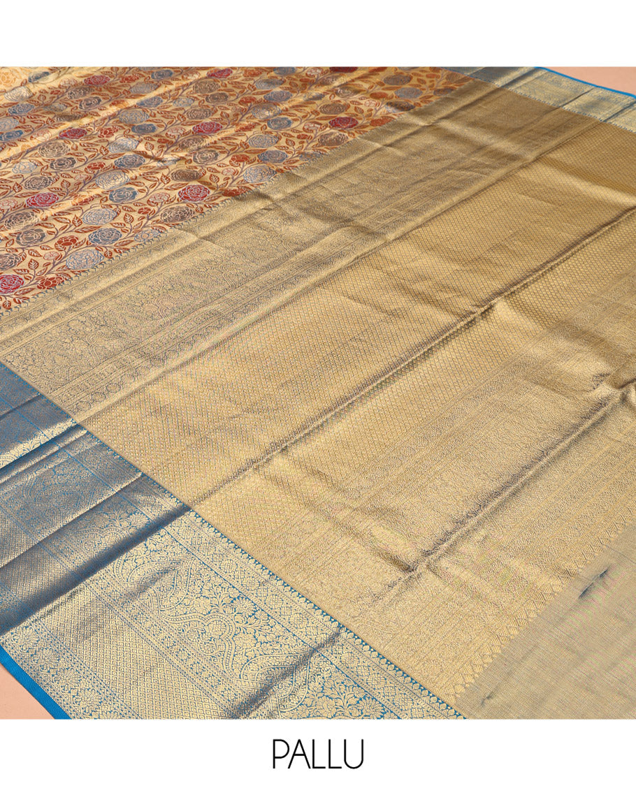 Gold Meenakari Jacquard Kanchipuram Tissue Silk Saree, a Contrast Border of Thilakam, Muthu, Cross Kamalam, and Mayil Kann Design, Grand Pallu, and a Contrast Blouse