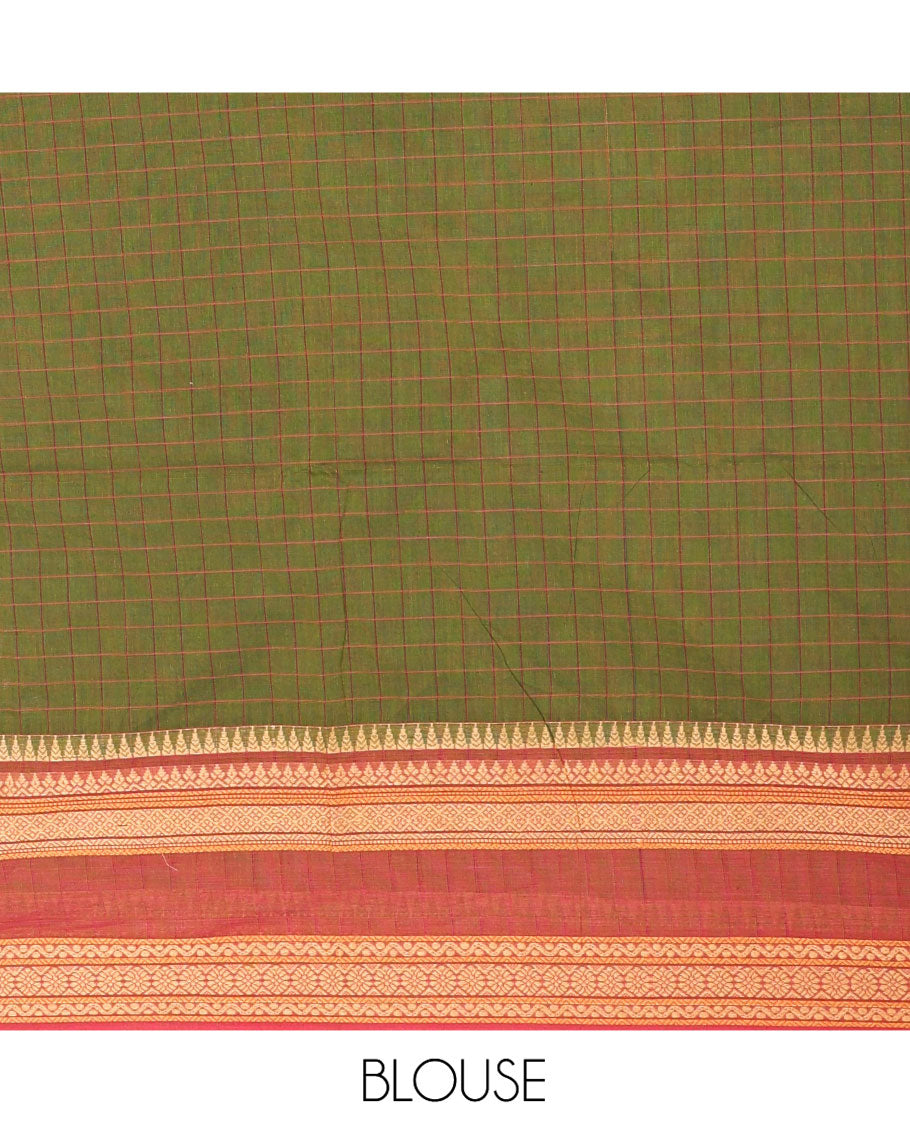 Green Chettinad Cotton Saree, Subtly Sparkled with Checks on Its Body, Complemented by a Contrast Traditional Border of Peacock Designs, Subtly Striped Pallu, and Paired with a Matching Blouse