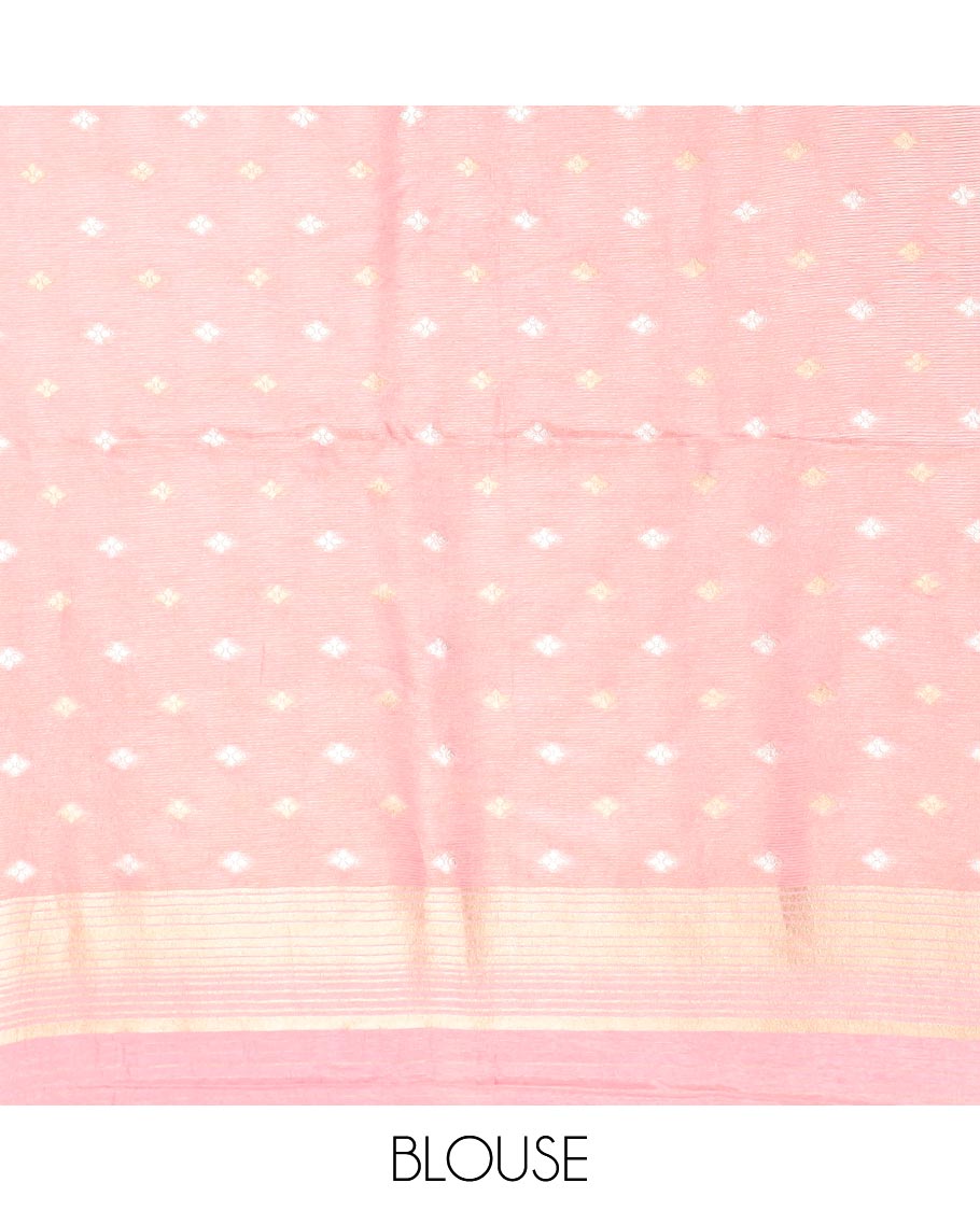Pink striped semi-banaras dola silk saree with self zari border & intricate zari design pallu