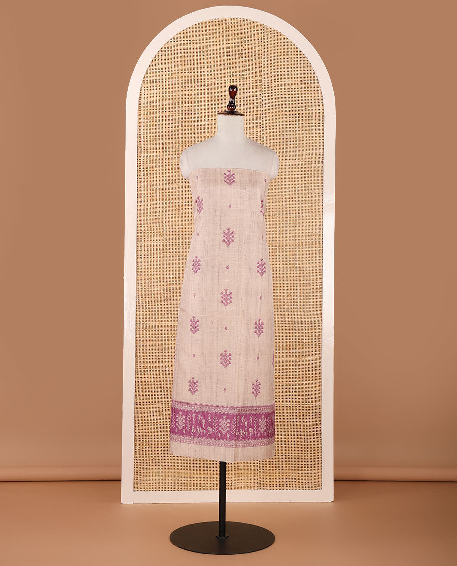 Chikku-base semi-tussar material chudidar set, floral & warli motifs top, contrast purple plain bottom & warli motifs steeped dupatta