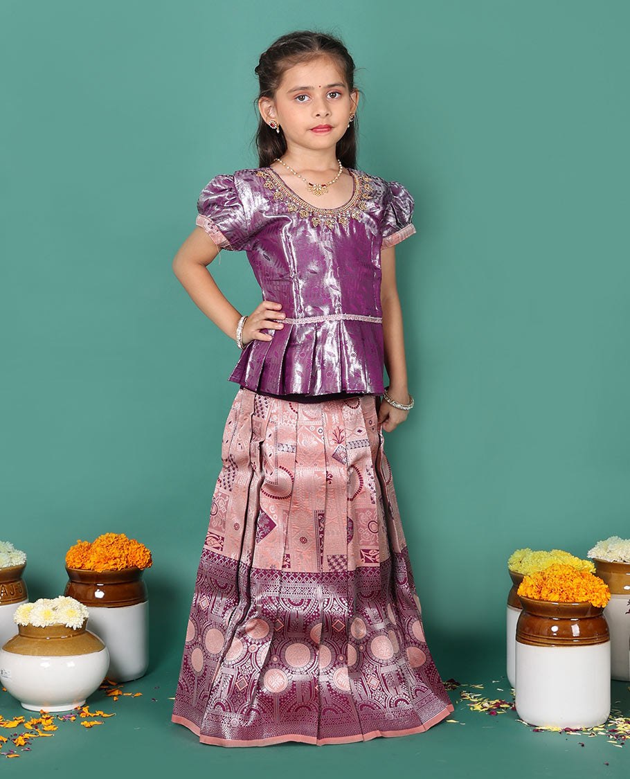 Peach readymade art silk pavadai set, jacquard with contrast traditional zari border skirt and contrast jacquard embroidered puff-sleeve blouse