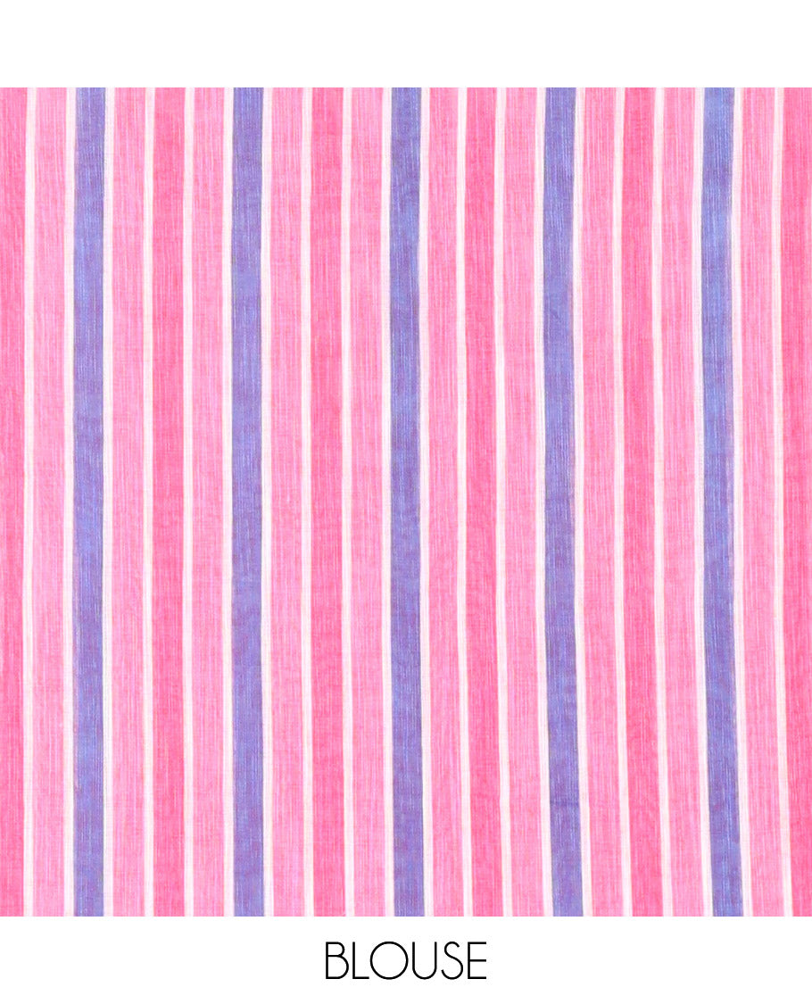 Rani Pink Linen Cotton Saree, Accentuated with Anchor Motifs Printed on Its Body, a Subtle Contrast Piping Border, Multi-Color Striped Pallu, and Paired with a Contrast Blouse