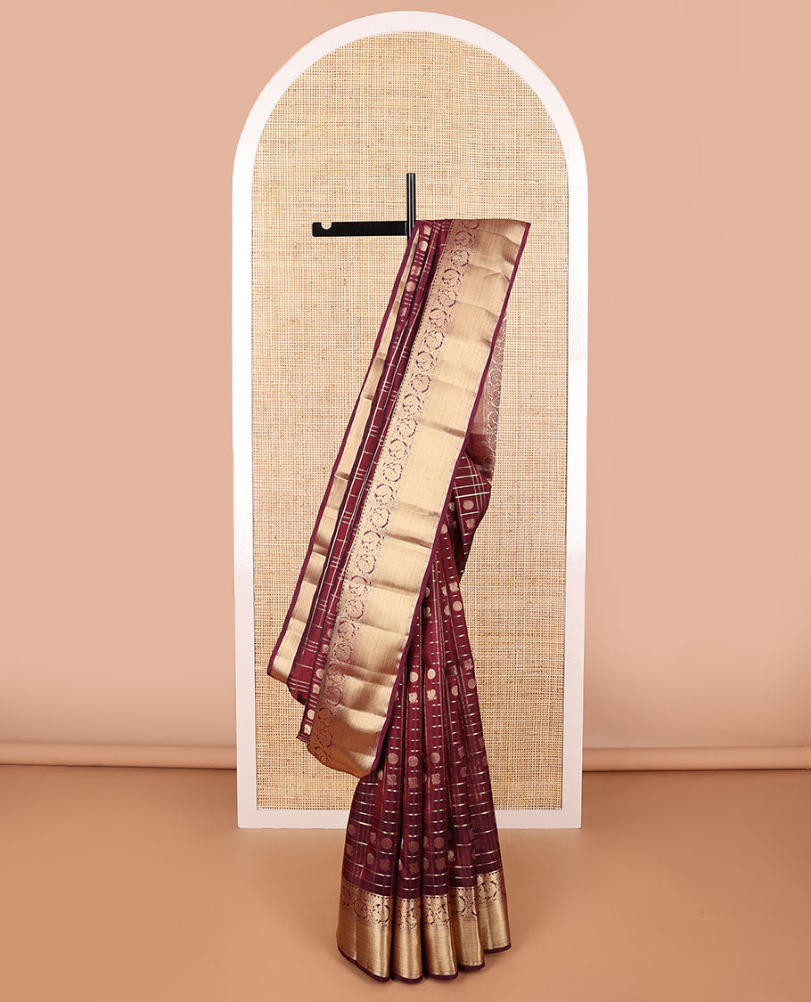 Maroon checked,buttas vasundhara elite silk saree with self intricate zari design border & jaal design pallu