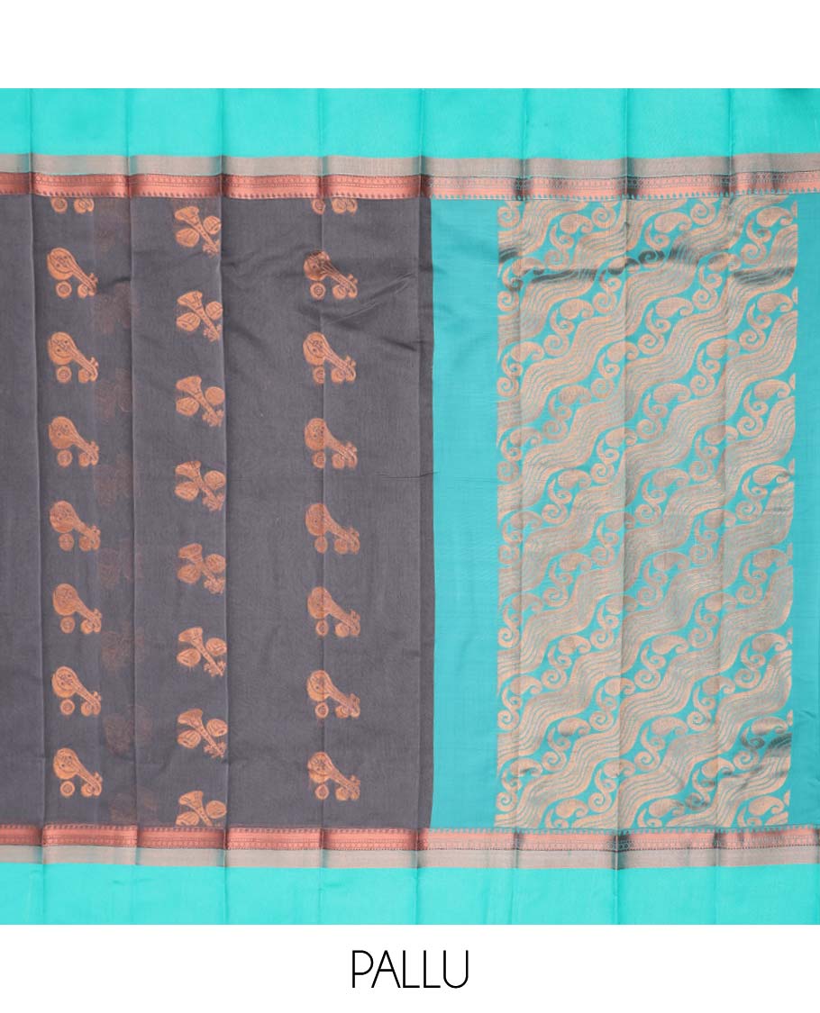 Grey motifs kora cotton saree with contrast zari design border & floral zari design pallu