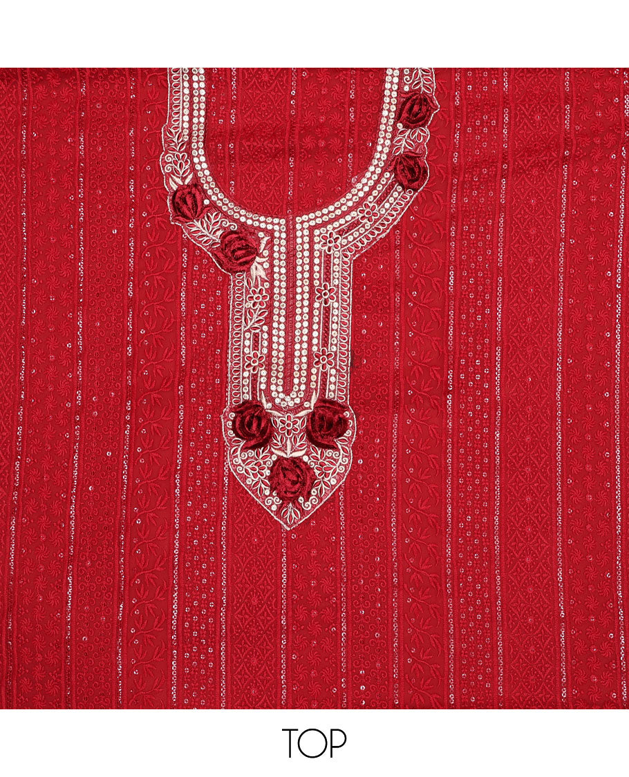Maroon chudidhar material set , floral embroidery, sequins top, plain bottom & floral sequins with scallop border dupatta