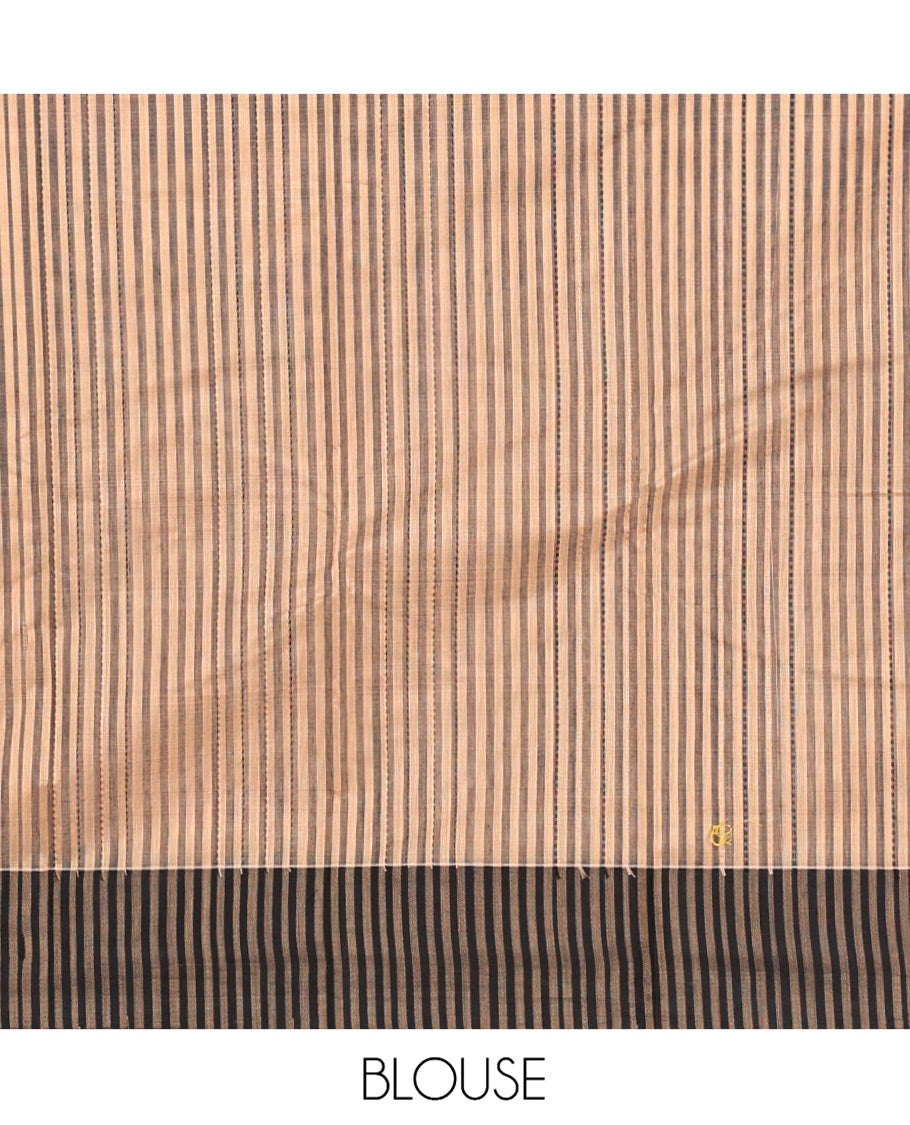Sandal Striped Semi-Silk Cotton Saree, Complemented by a Contrast Border, Pallu Steeped with Stripes, and Paired with a Matching Blouse
