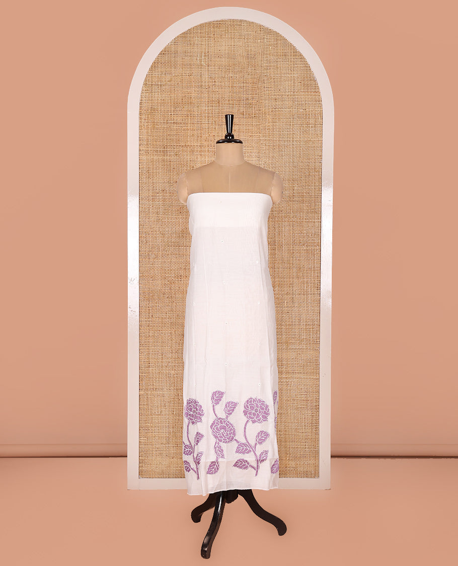 Cream and Lavender Mul Chanderi Material Chudidar Set, Beautiful Bedecked with Floral Embroidery On Its Top, A Plain Santoon Bottom, and Comes with a Contrast Scallop Floral Embroidered Dupatta