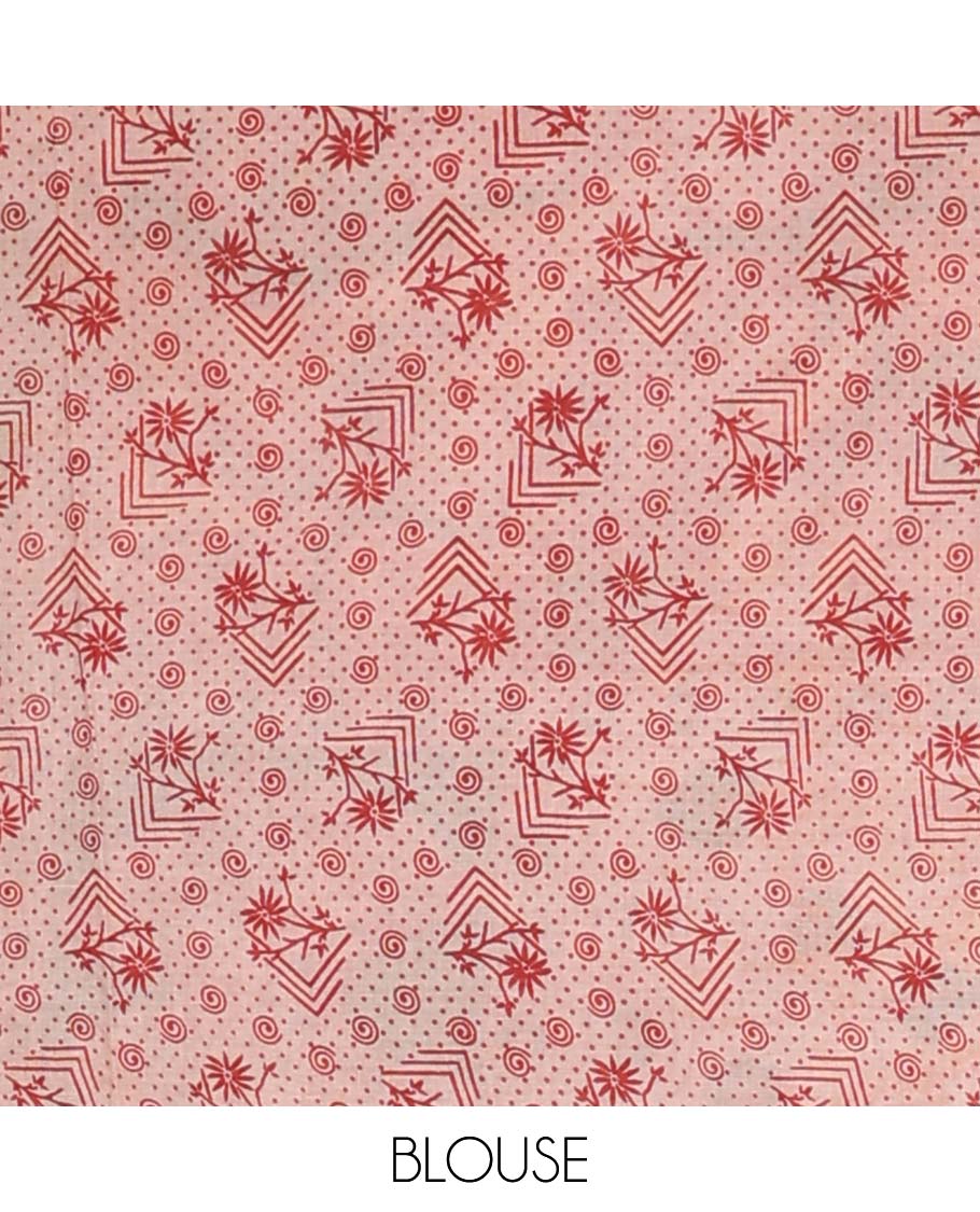 Red human motifs machine-printed kalamkari cotton saree with contrast border & animal, paisley motifs pallu