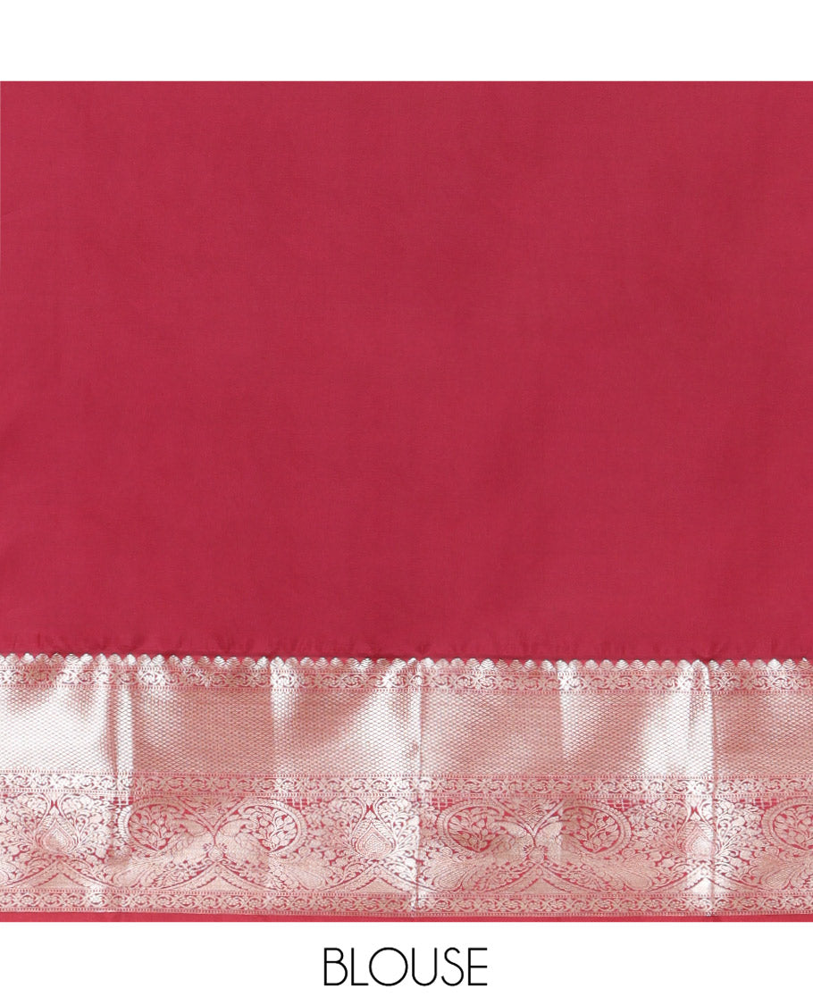 Green Budget Silk Saree, Uniquely Detailed with Jacquard Design All Over Its Body, Complemented by a Contrast Traditional Zari Design Border, Opulently Embellished Pallu, and Paired with a Contrast Blouse