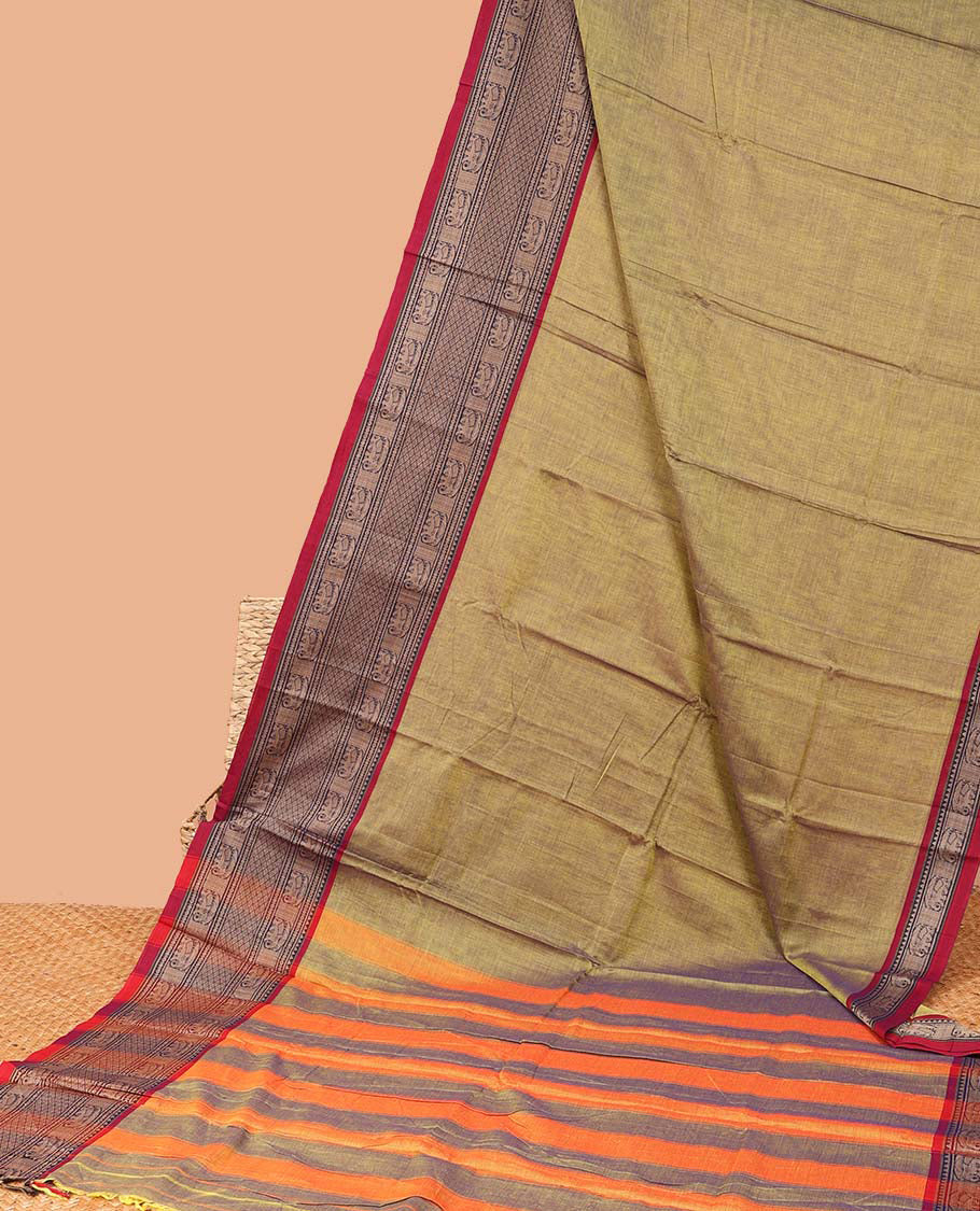 Sandal plain design Narayanapet cotton saree, contrast traditional design border & striped pallu