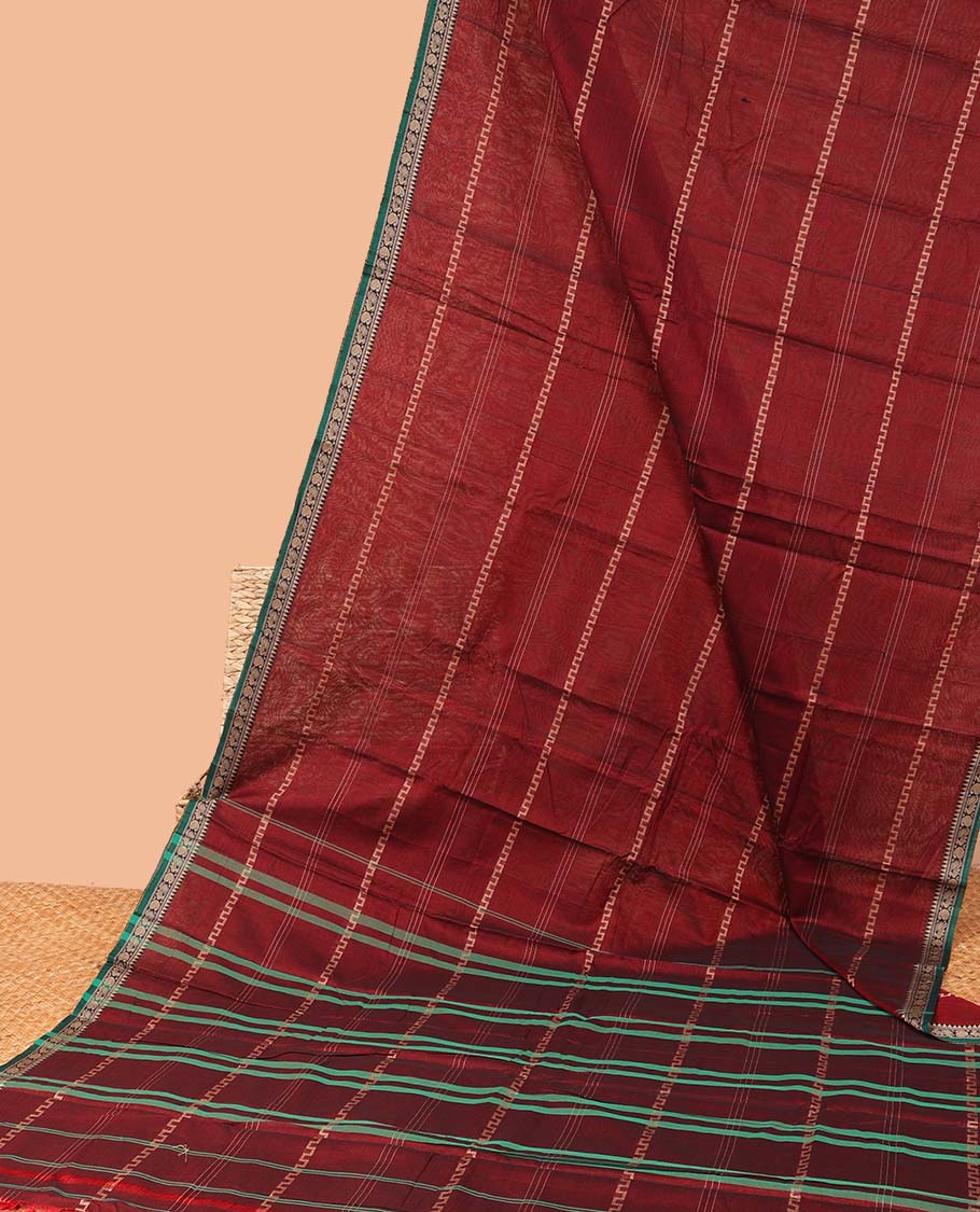 Maroon unique striped Narayanapet cotton saree, contrast traditional design border & striped pallu