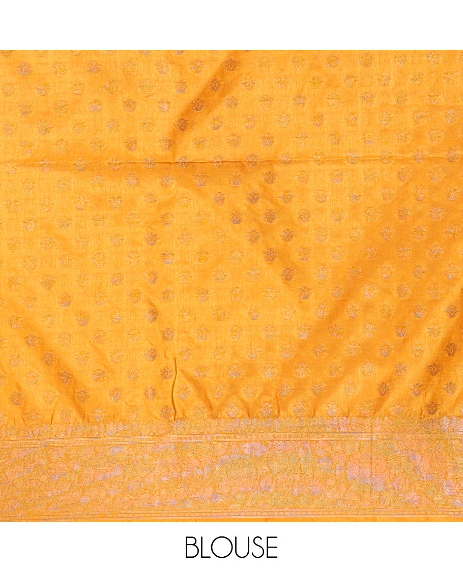 Yellow striped semi- banaras tussar saree with self zari border & intricate zari ogee design pallu