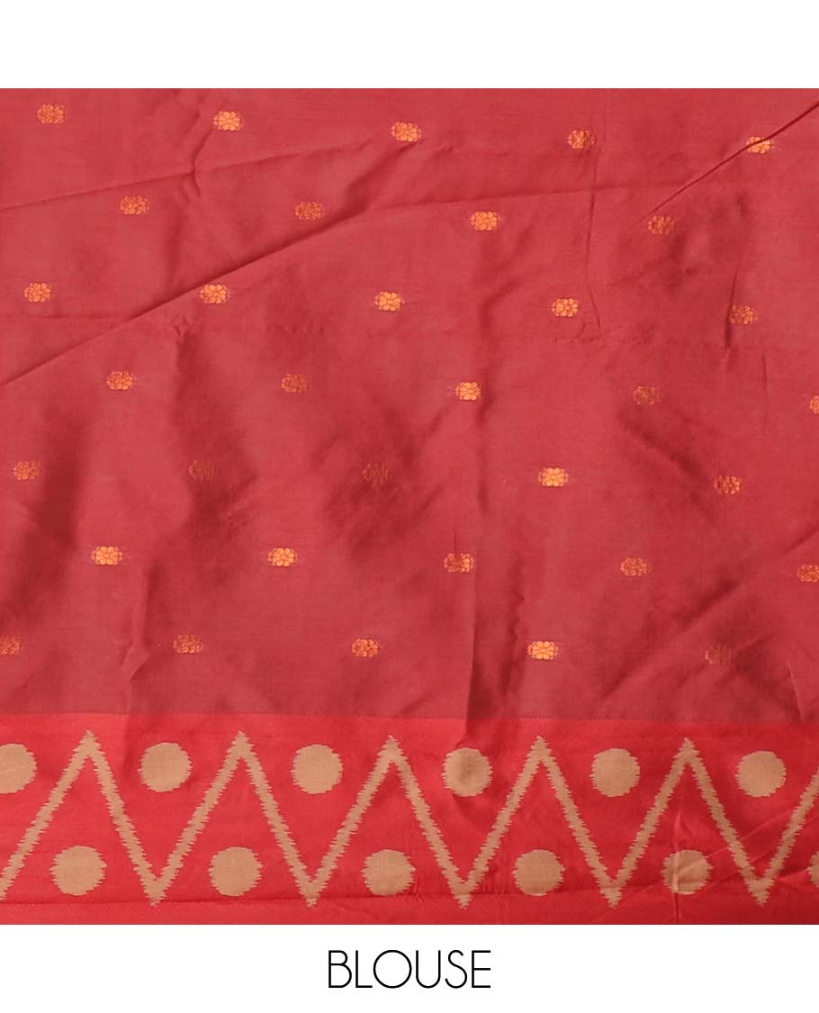 Light brown unique motifs thread weave pochampally ikat mulberry silk saree, contrast chevron & polka dot border and zari-rich intricate pallu