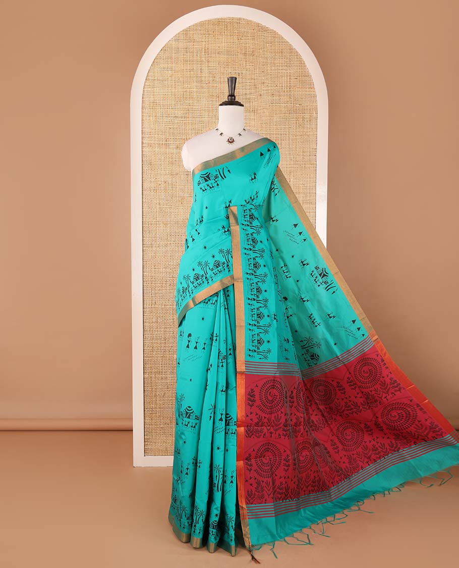 Teal blue warli motifs printed micro-silk saree, copper zari small border, contrast warli printed pallu & plain blouse