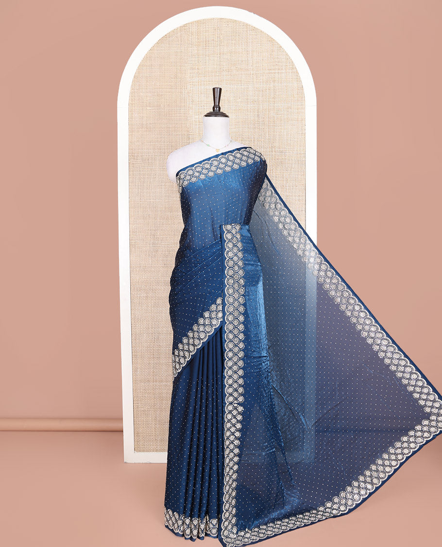 Blue Designer Saree, Prettified with Stone Struck on Its Body, Highlighted by a Stone Embroidered Scallop Border, Self-Pallu, and Paired with a Stone Work Matching Blouse