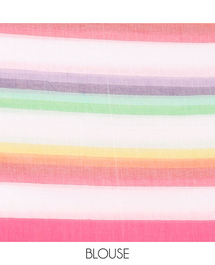 Rainbow-color striped khadi cotton saree, zari border, multi-color tassels pallu & colorful striped blouse