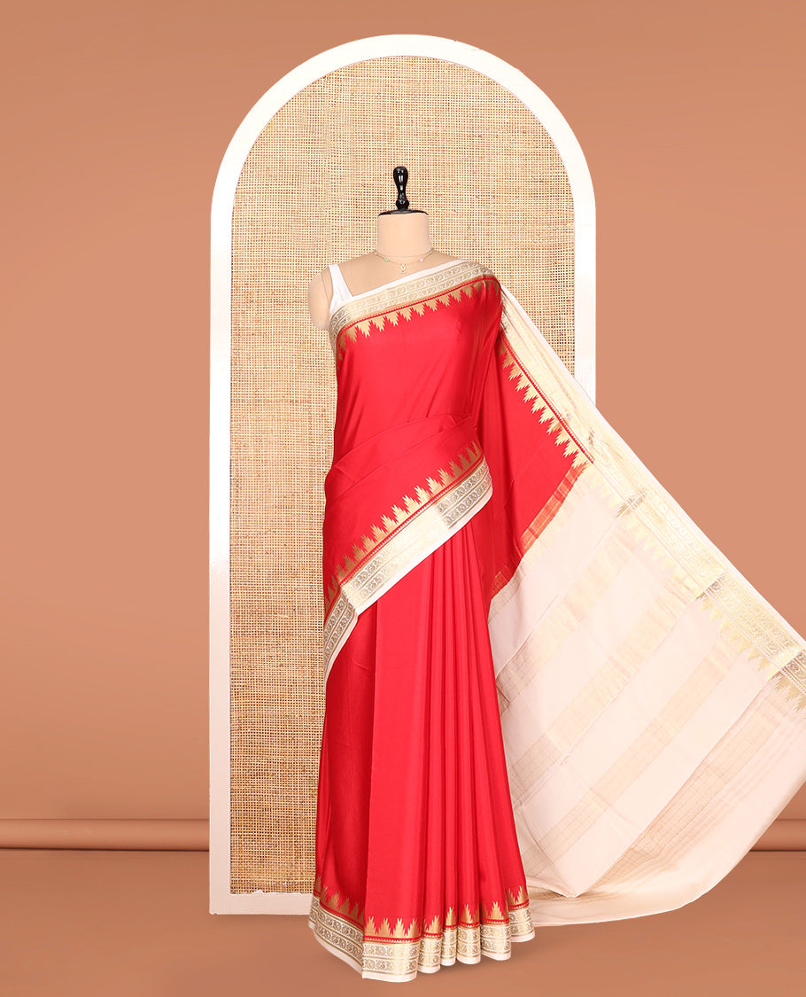 Red Plain Mysore Silk Saree, Complemented by a Contrast Temple Peacock Zari Border, Zari Design Pallu, and a Contrast Blouse