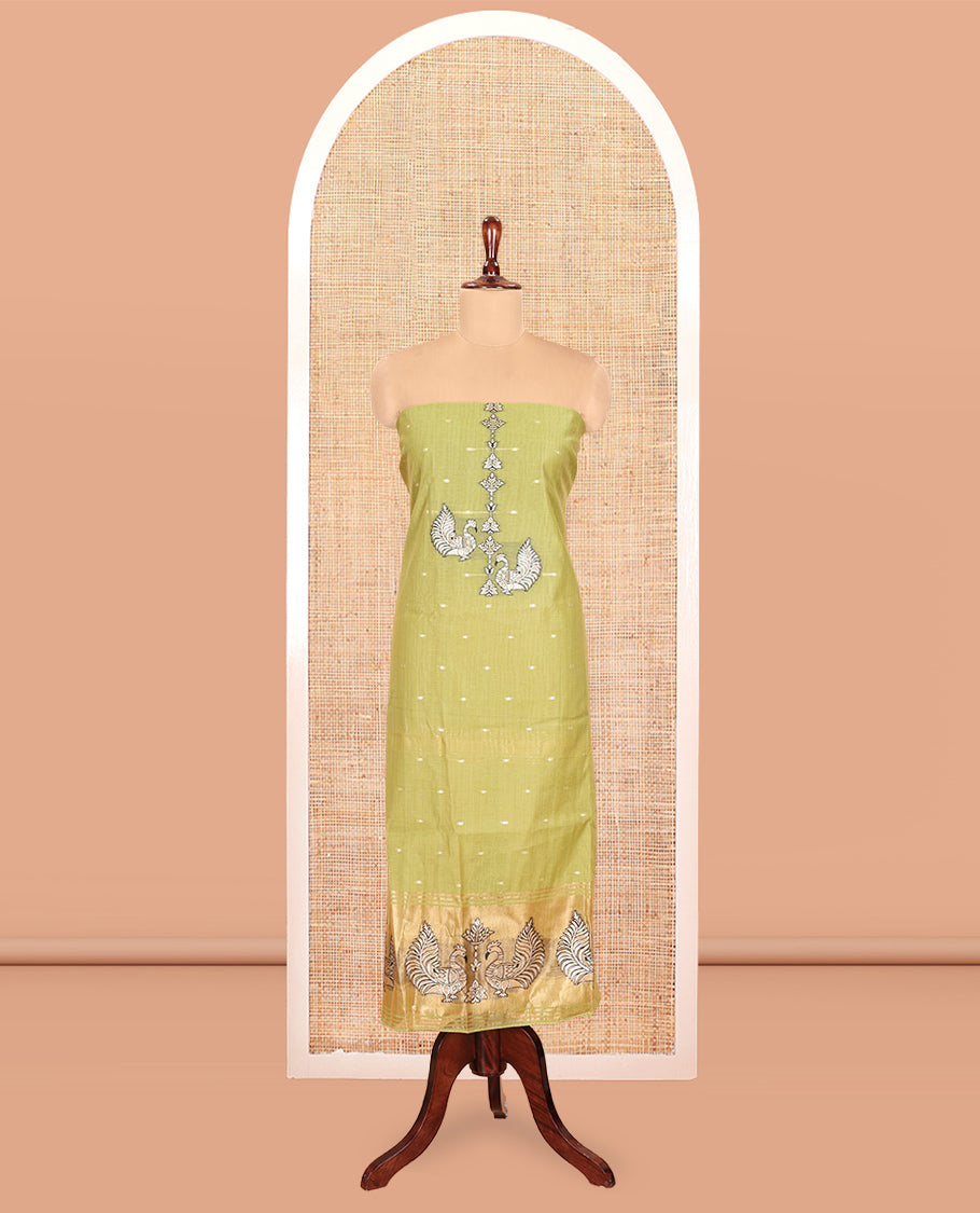 Green Chanderi Material Chudidar, Zari Buttas and Annam Buttas Top, Matching Bottom, Annam Buttas Dupatta
