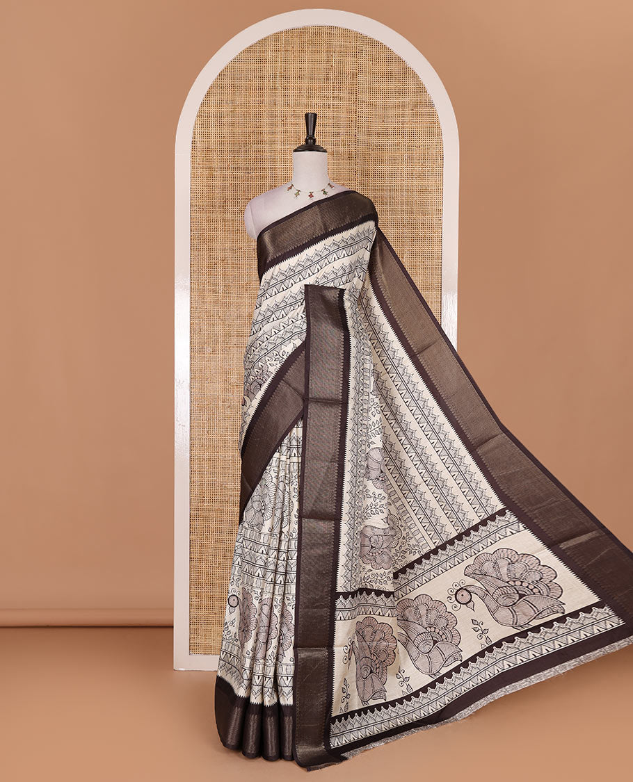 Cream-black flora, fauna, and geometric madhubani printed soft tussar saree, contrast zari border, peacock print pallu, and printed blouse