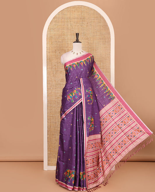 Wine buttas & kaleidoscope color elephant motifs printed katan silk saree, contrast multi-hue temple motif border, ikkat geometric print pallu & contrast printed blouse