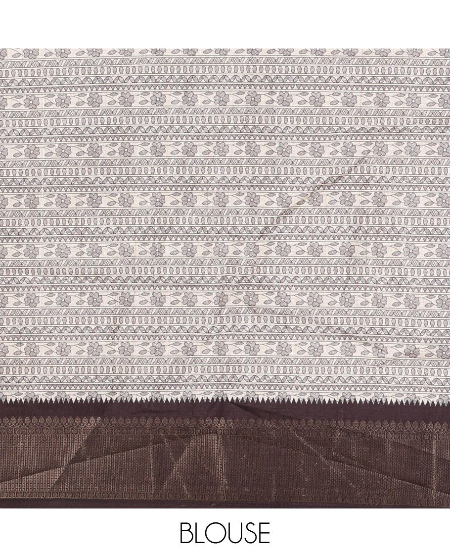 Cream-black flora, fauna, and geometric madhubani printed soft tussar saree, contrast zari border, peacock print pallu, and printed blouse