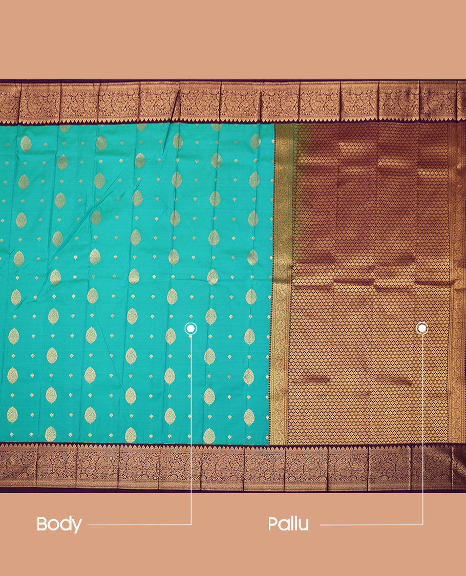 Green Budget Silk Saree, Woven with Zari Buttas All Over Its Body, Complemented by a Contrast Traditional Zari Design Border, Grand Pallu, and Paired with a Contrast Blouse