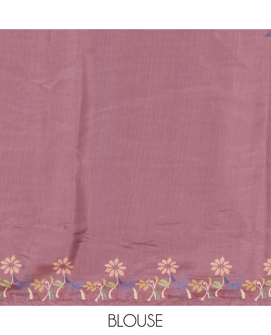 Pink pochampally ikkat style geometric printed fancy tussar saree, contrast floral motifs thread embroidered border, ikkat printed pallu, and plain blouse