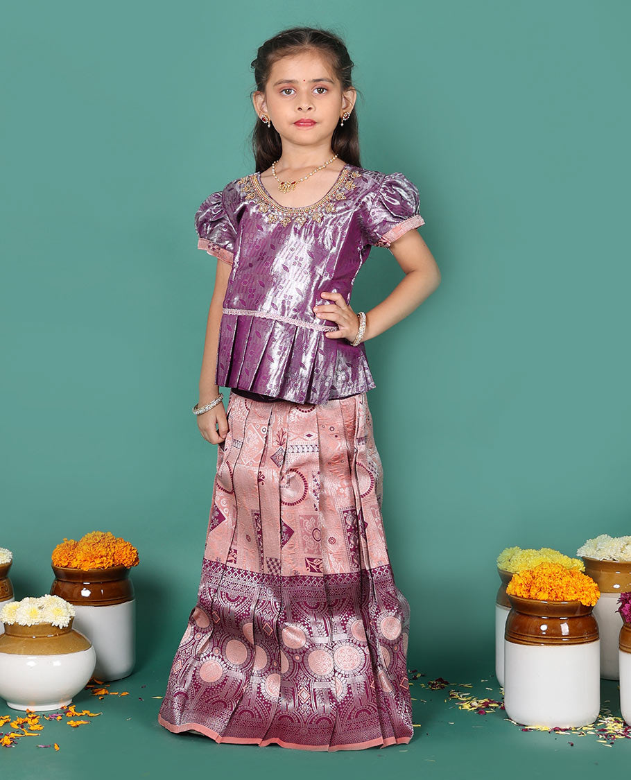 Peach readymade art silk pavadai set, jacquard with contrast traditional zari border skirt and contrast jacquard embroidered puff-sleeve blouse