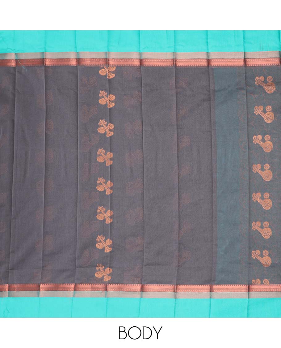 Grey motifs kora cotton saree with contrast zari design border & floral zari design pallu
