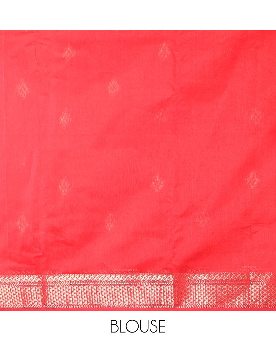 Red geometric design maheshwari cotton saree with contrast zari design border & floral design pallu