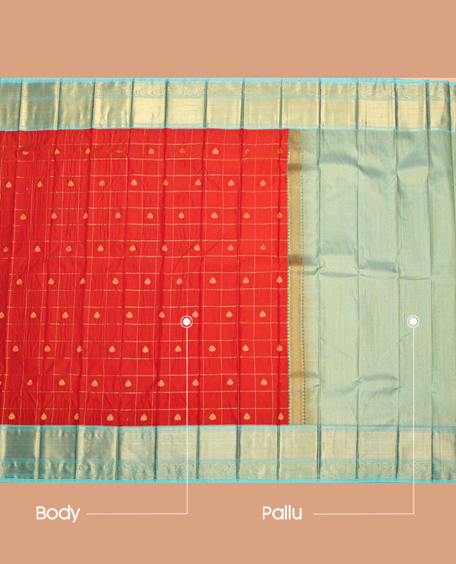 Red Budget Silk Saree, Woven with Butta Enclosed Checks All Over Its Body, Complemented by a Contrast Traditional Zari Design Border, Grand Pallu, and Paired with a Contrast Blouse