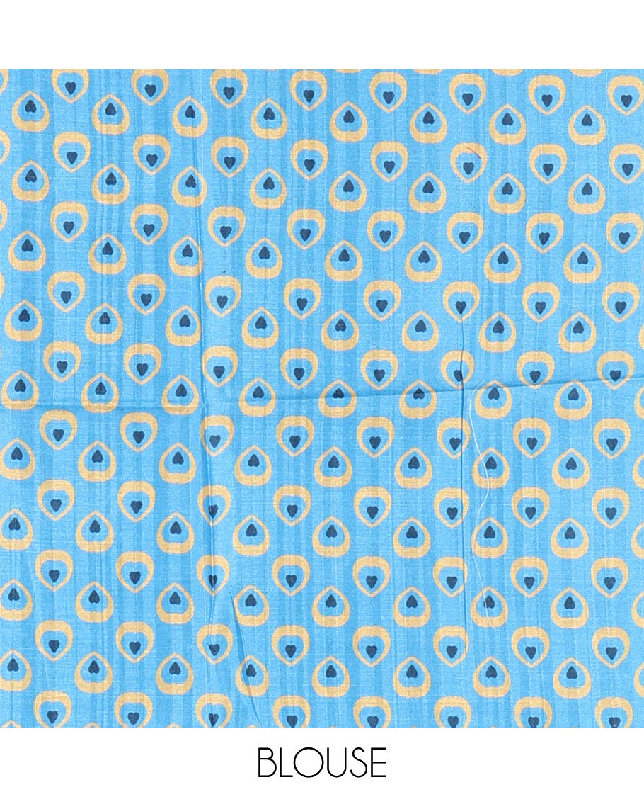 Blue peacock feathers motifs printed katan silk saree, peacock feathers printed border, contrast Radha Krishna stories printed pallu, and contrast printed blouse